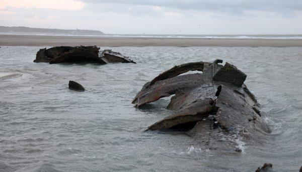 The wreckage of a German submarine that ran aground off the coasts of the city of Wissant in July 1917 and has recently resurfaced due to sand movements, near Calais, northern France, on Jan. 9, 2019. (Denis Chalet/AFP/Getty Images)