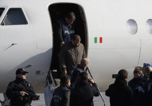 Italian fugitive Cesare Battisti arrives at Ciampino military airport, in Rome, on Jan. 14, 2019. (Alessandra Tarantino/AP Photo)