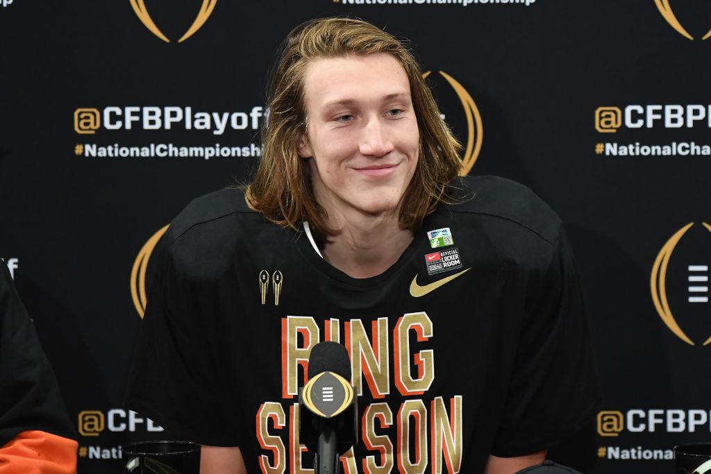 Trevor Lawrence #16 of the Clemson Tigers speaks to the media during the press conference after Clemson beat the Alabama Crimson Tide in the CFP National Championship at Levi's Stadium in Santa Clara, Calif. on Jan. 7, 2019. (Thearon W. Henderson/Getty Images)
