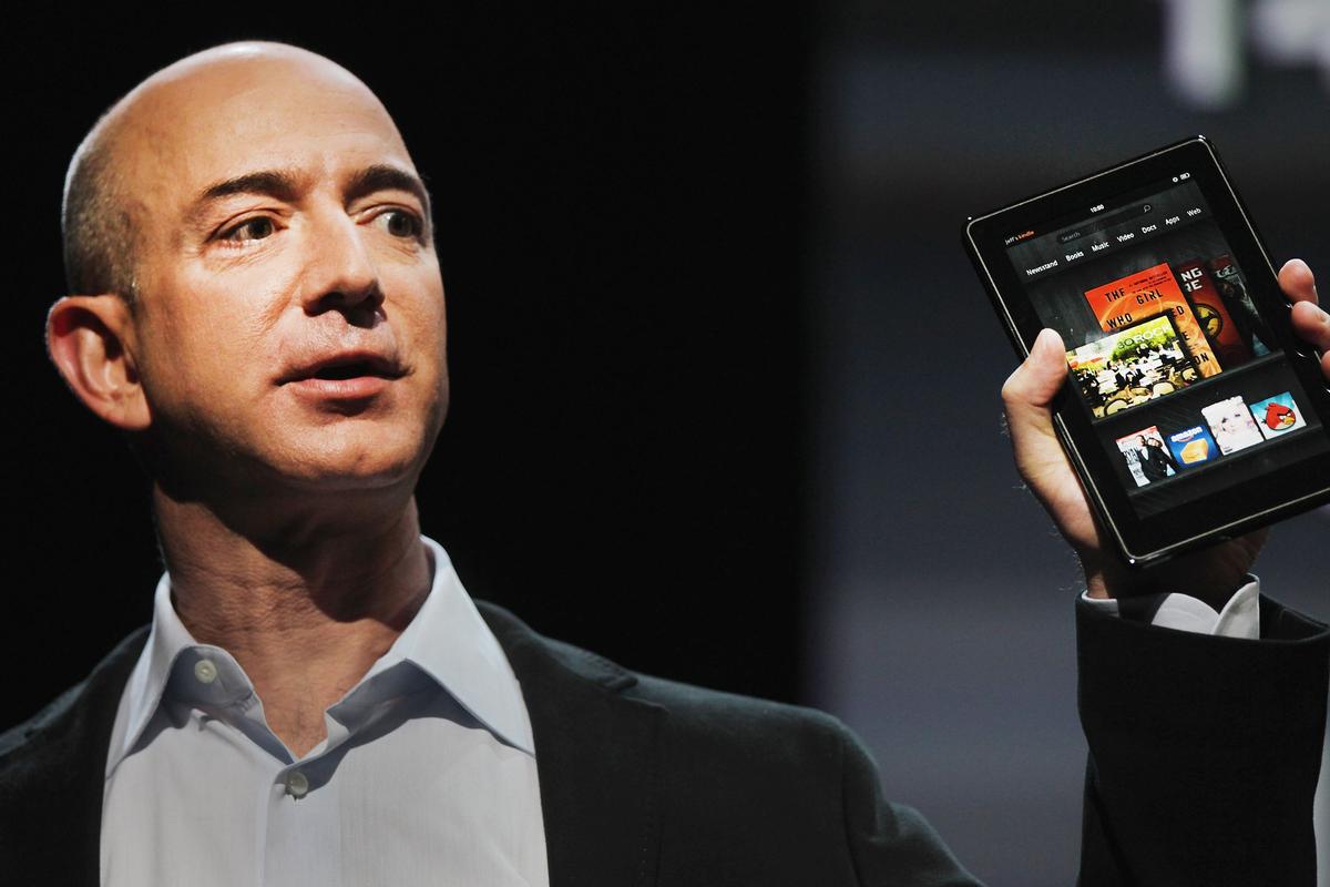 Amazon founder Jeff Bezos holds the new Amazon tablet called the Kindle Fire on September 28, 2011 in New York City. (Spencer Platt/Getty Images)