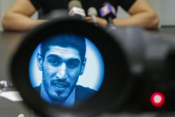 Turkish NBA player Enes Kanter during a news conference about his detention at a Romanian airport on May 22, 2017, in New York City. (Eduardo Munoz Alvarez/Getty Images)