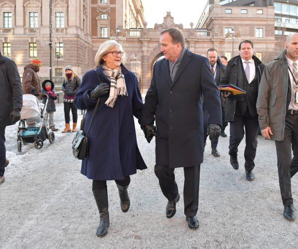 Social Democrat leader Stefan Lofven leaves the Swedish Parliament Riksdagen together with his wife Ulla after being voted back as prime minister, in Stockholm, Sweden, on Jan. 18, 2019. (TT News Agency/Jessica Gow/Reuters)