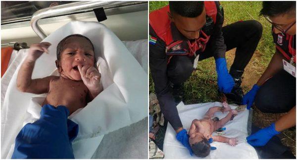 The baby rescued on Jan. 14, pictured in hospital (L) after being rescued by medics in Verulam, South Africa on Jan. 14, 2018 (R). (Response Unit South Africa)