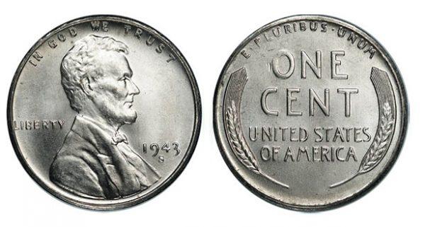 Zinc-coated "steelie" penny minted during 1943 (Public domain)