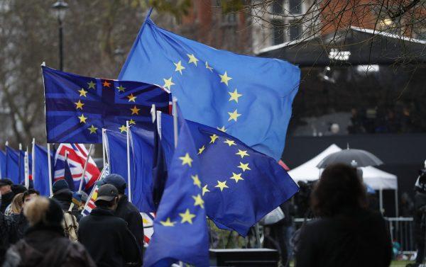 Anti Brexit protesters demonstrate as a the wind blows their EU and British flags near the Palace of Westminster in London, on Jan. 16, 2019. (Alastair Grant/AP)
