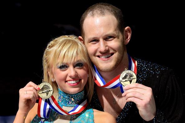 SAN JOSE, CA - JANUARY 29: Caydee Denney and John Coughlin pose for photographers after winning the Pairs Competition during the 2012 Prudential U.S. Figure Skating Championships at the HP Pavilion on January 29, 2012 in San Jose, California. (Matthew Stockman/Getty Images)