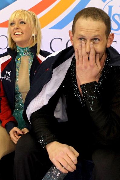 COLORADO SPRINGS, CO - FEBRUARY 12: (EDITORS NOTE: ALTERNATE CROP) Caydee Denney and John Coughlin watch their routine in the Kiss & Cry after the Pairs Free Skate during the ISU Four Continents Figure Skating Championships at World Arena on February 12, 2012 in Colorado Springs, Colorado. (Photo by Matthew Stockman/Getty Images)