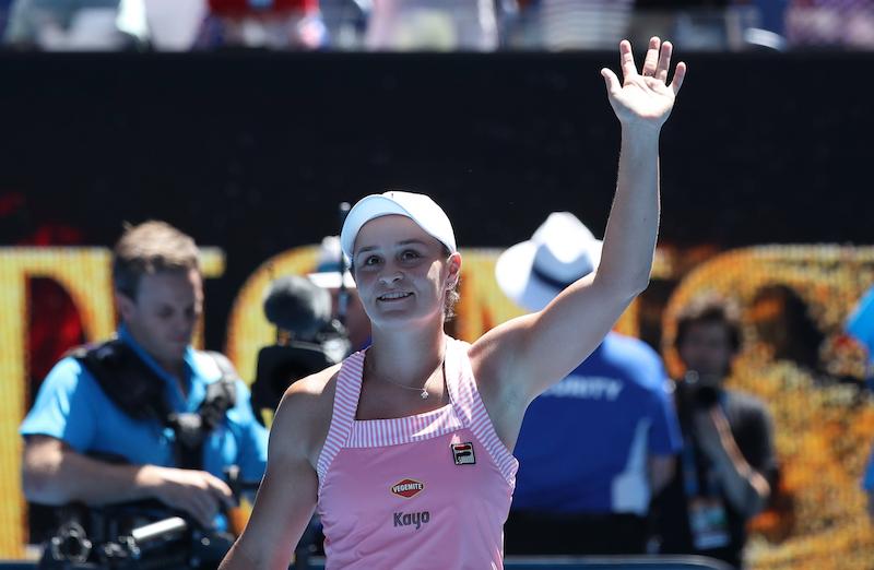 Australia's Ashleigh Barty waves to spectators after winning the match against Russia's Maria Sharapova, at the Australian Open in Melbourne on Jan. 20, 2019. (Reuters/Lucy Nicholson)