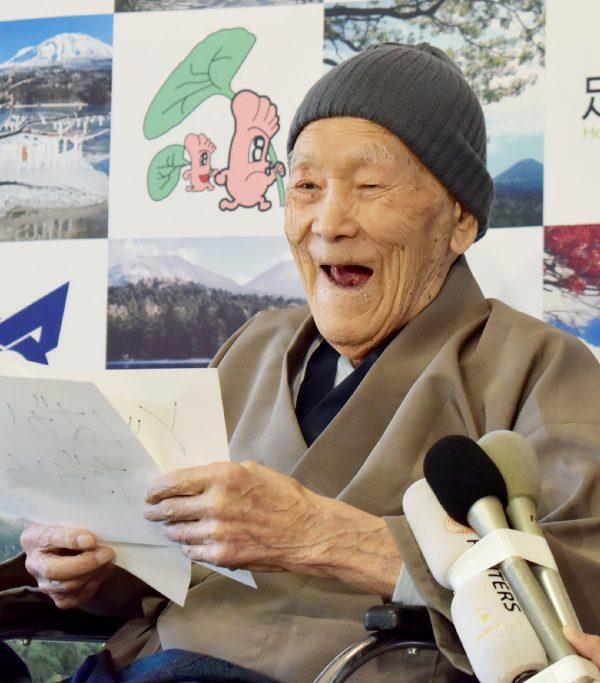 Masazo Nonaka receiving a Guiness World Records certificate on April 10, 2018 for the title of oldest man living in the world. Nonaka died on Jan. 20, 2019, aged 113. (Jiji Press/AFP/Getty Images)