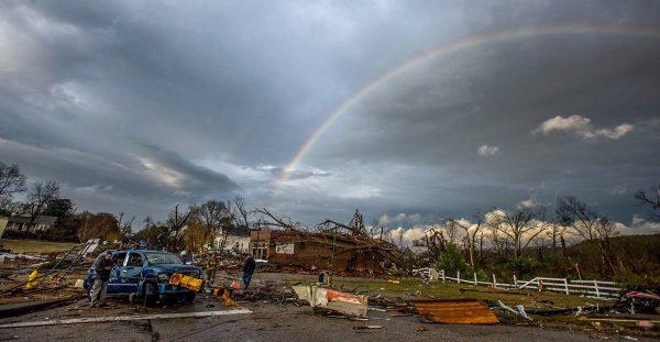 A rainbow over damage from a tornado touchdown in Wetumpka, Ala., on Jan. 19, 2019. (Mickey Welsh/The Montgomery Advertiser/AP)