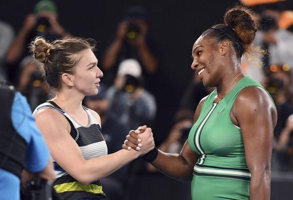 United States' Serena Williams, right, is congratulated by Romania's Simona Halep after winning their fourth round match at the Australian Open tennis championships in Melbourne, Australia, on Jan. 21, 2019. (Andy Brownbill/AP Photo)