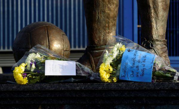 Tributes left for Emiliano Sala outside Cardiff City stadium, Wales, on Jan. 22, 2019. (Reuters/Rebecca Naden)