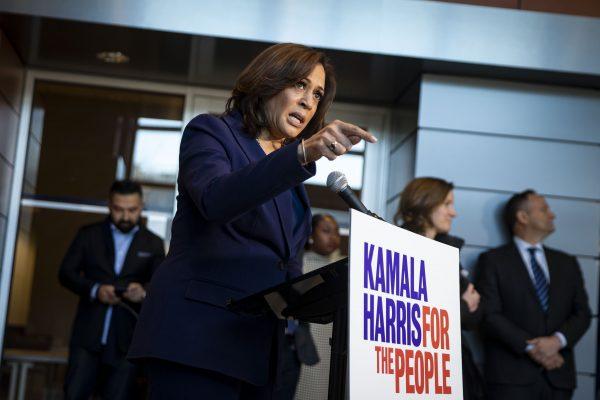 Sen. Kamala Harris (D-Calif.) speaks to reporters after announcing her candidacy for president of the United States, at Howard University, her alma mater, in Washington on Jan. 21, 2019. (Al Drago/Getty Images)
