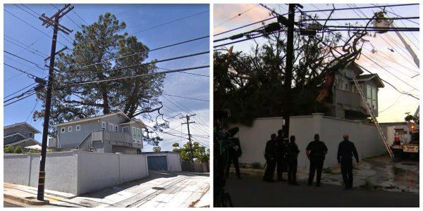 A Google Map screenshot, left, shows where the tree was before it collapsed onto the home. (Google/Screenshot, left, Fox/Screenshot, right)