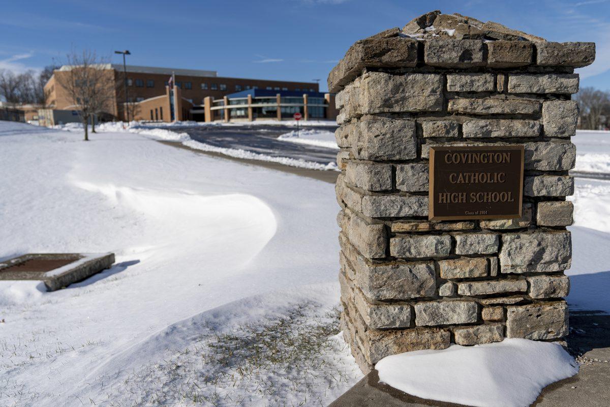 Snow covers Covington Catholic High School in Park Kills, Ky. on Jan 20, 2019. (AP Photo/Bryan Woolston)