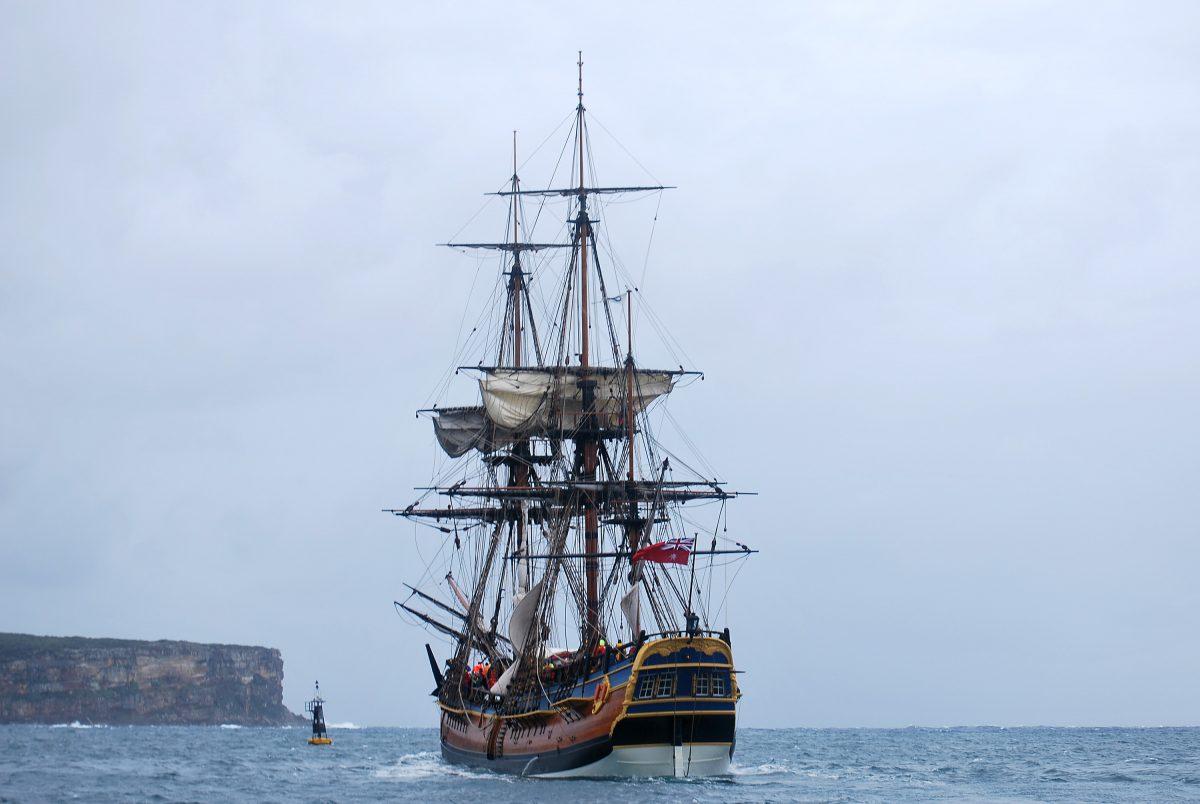 HMB Endeavour, the replica of Captain James Cook's ship, is farewelled from Sydney Harbour on April 16, 2011. (Richard Palfreyman/Perth 2011/Getty Images)