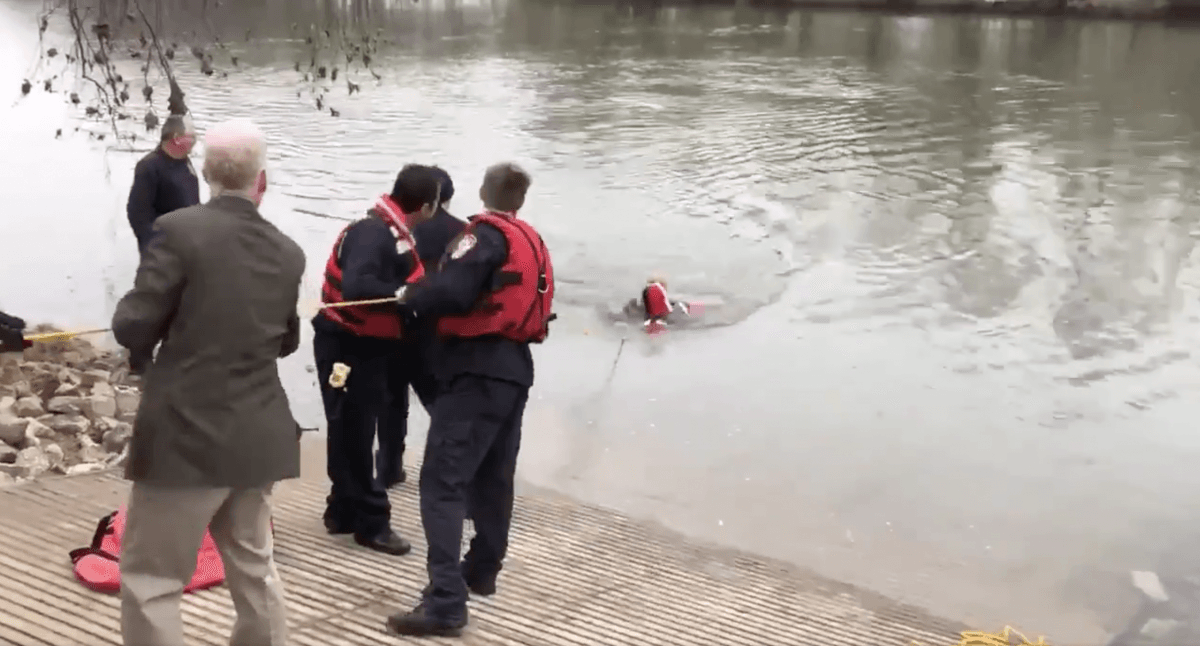 Screenshot of a Twitter video shows Columbus In Police pulling a rescuer cop and a woman who jumped in from a bridge in the Flatrock River. (Columbus_Police/Twitter)