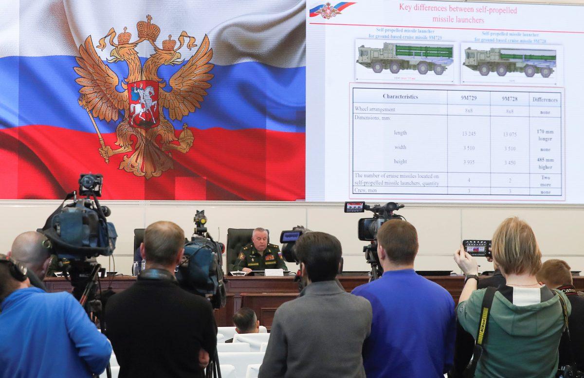 Participants attend a news briefing, organized by Russian defense and foreign ministries' officials and dedicated to SSC-8/9M729 cruise missile system, at Patriot Expocenter near Moscow, Russia Jan. 23, 2019. (Maxim Shemetov/Reuters)