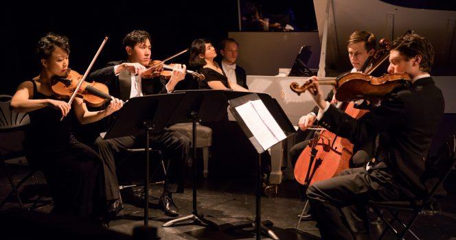 (L–R) Mari Lee and Henry Wang on violins, Zhenni Li on piano (with page turner Miles Mandwelle), Ari Evan on cello, and Matthew Cohen on viola. (Shirin Tinati)