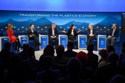 (From L) Moderator Sara Eisen, Vietnam Environment Minister Tran Hong Ha, Coca-Cola CEO James Quincey and French Junior Minister attached to the Minister of Ecological and Inclusive Transition Brune Poirson, PepsiCo CEO Ramon Laguarta, and Dow Chemical CEO Jim Fitterling attend a session during the World Economic Forum annual meeting in Davos, eastern Switzerland, on January 24, 2019. (Photo by Fabrice COFFRINI / AFP)