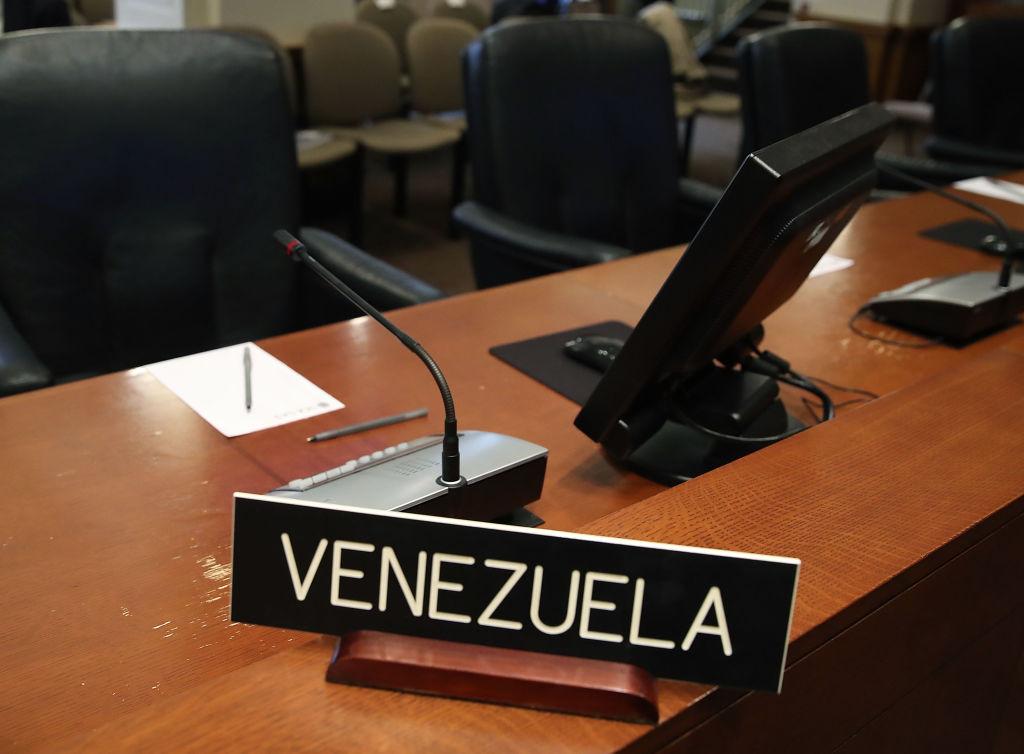 The country name placard for Venezuela is seen on a desk before a meeting of the Permanent Council of the Organization of American States (OAS), on January 24, 2019 in Washington, DC. (Mark Wilson/Getty Images)