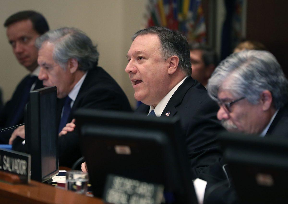 U.S. Secretary of State Mike Pompeo (C) speaks during a meeting of the Permanent Council of the Organization of American States (OAS), on January 24, 2019 in Washington, DC. (Mark Wilson/Getty Images)
