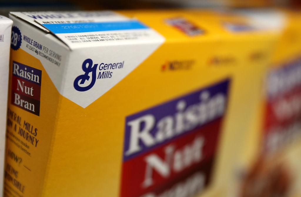 The General Mills logo is displayed on a box of Raisin Nut Bran cereal at Scotty's Market in San Rafael, California on September 20, 2017. (Photo by Justin Sullivan/Getty Images)