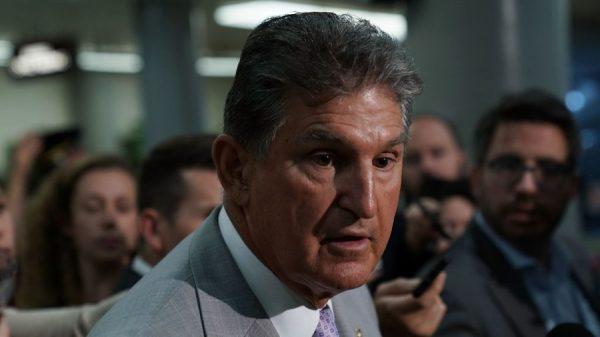 Sen. Joe Manchin (D-West Va.) speaks to members of the media after a closed briefing at the U.S. Capitol in Washington on August 22, 2018. (Alex Wong/Getty Images)