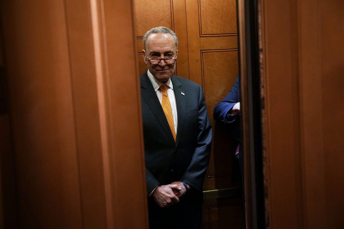 U.S. Senate Minority Leader Sen. Chuck Schumer (D-N.Y.) returns to the U.S. Capitol from a meeting at the White House January 9, 2019, in Washington. President Trump walked out of a meeting with congressional leaders at the White House negotiating border security funding and government shutdown, calling it “a total waste of time.” (Alex Wong/Getty Images)