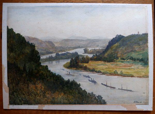 A watercolor of a river, thought to be the Rhine, attributed to Adolf Hitler in Berlin on Jan. 24, 2019. (Reuters/Fabrizio Bensch)