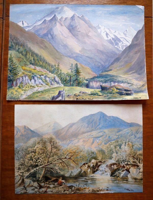 Watercolors of a landscape in the Austrian Vent, Niedertal region (top) and an unknown landscape (bottom) attributed to Adolf Hitler at Kloss auction house in Berlin on Jan. 24, 2019. (Reuters/Fabrizio Bensch)