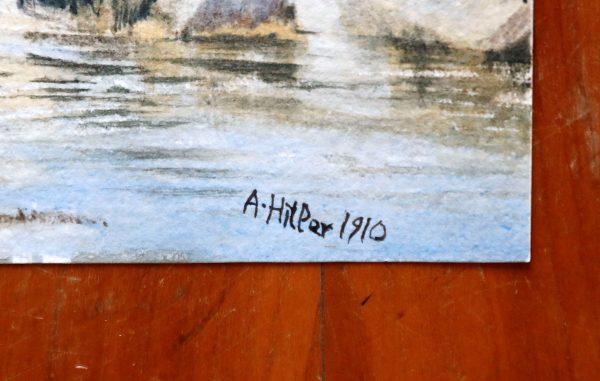A signature on a watercolor attributed to Adolf Hitler before an auction at Kloss house in Berlin on Jan. 24, 2019. (Reuters/Fabrizio Bensch)