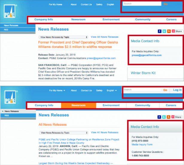The fake PG&E site (top) has some minor differences like no log in button and missing phone numbers compared to the real site (bottom). (screenshot)