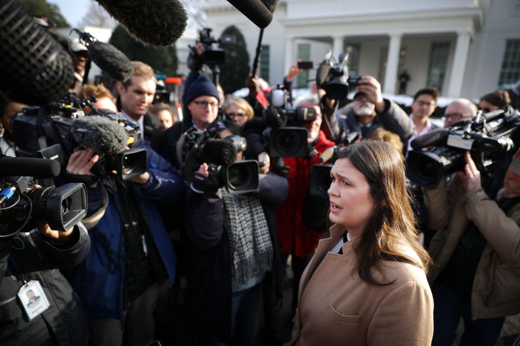White House Press Secretary Sarah Huckabee Sanders talks to reporters outside the West Wing of the White House January 18, 2019 in Washington, DC. (Chip Somodevilla/Getty Images)