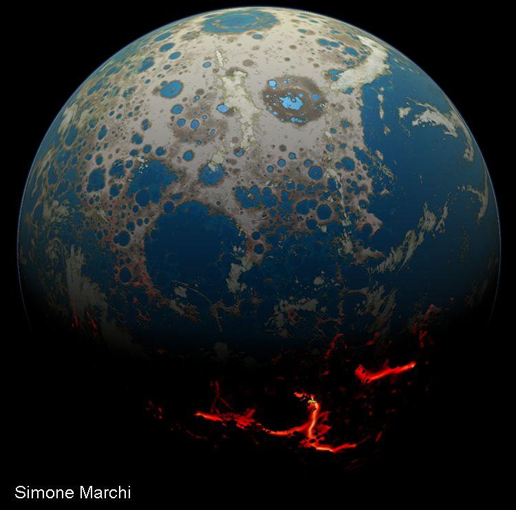 An artistic rendering of the Hadean Earth when the rock fragment was formed. Impact craters, some flooded by shallow seas, cover large swaths of the Earth’s surface. (Simone Marchi/USRA)