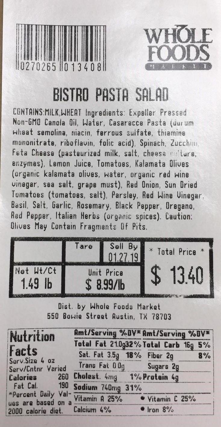 A label from Whole Food's "Bistro Pasta Salad," one of a slew of products the company recalled due to fears of salmonella contamination. (FDA)