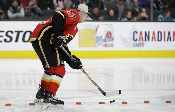 Calgary Flames' Johnny Gaudreau competes in puck control, which he won, during the skills competition at the NHL hockey All-Star weekend in San Jose, Calif., on Jan. 25, 2019. (Ben Margot/AP)