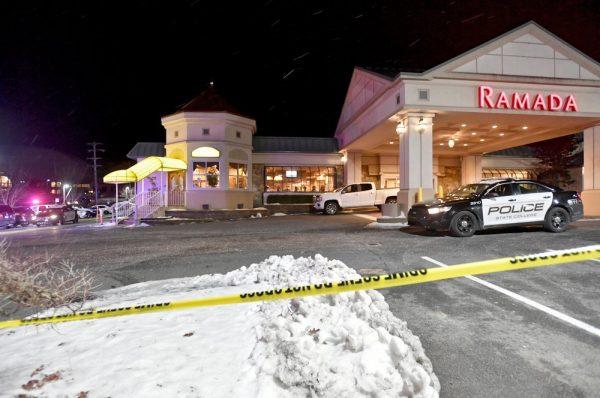 State College Police respond to a shooting at P.J. Harrigan’s Bar & Grill at the Ramada Inn, in State College, Pa., on Jan. 24, 2019. (Abby Drey/Centre Daily Times via AP)