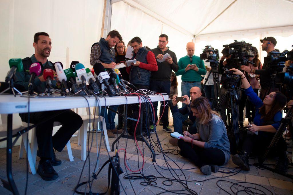 Spanish civil guard spokesman Jorge Martin (L) gives a press conference in Totalan, southern Spain, on Jan. 25, 2019. (Jorge Guerrero/AFP/Getty Images)