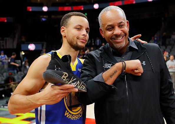 Stephen Curry #30 of the Golden State Warriors poses with his dad Dell Curry after their 128-111 win over the Atlanta Hawks at State Farm Arena, in Atlanta, Georgia, on Dec. 3, 2018. (Kevin C. Cox/Getty Images)