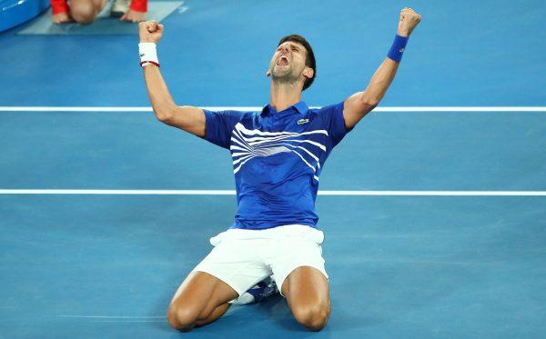Novak Djokovic of Serbia celebrates after winning championship point in his Men's Singles Final match against Rafael Nadal of Spain at the 2019 Australian Open at Melbourne Park in Melbourne, Australia, on Jan. 27, 2019. (Scott Barbour/Getty Images)