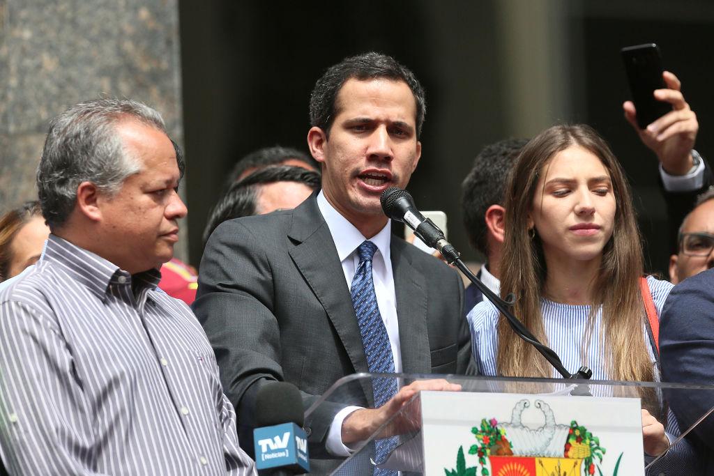 Juan Guaidó, who has appointed himself interim president speaks during a meeting with deputies, media, and supporters organized by the National Assembly at Plaza Bolivar of Chacao on Jan. 25, 2019 in Caracas, Venezuela. (Edilzon Gamez/Getty Images)