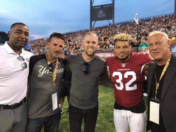 (L-R) NFL Hall-of-Fame wide receiver Chris Carter, President of Operations at Ambrosia Treatment Center Nick Alberto, Jerry Haffey Jr., Tyrann Mathieu, and Jerry Haffey Sr. during the NFL Pro Football Hall-of-Fame Enshrinement Ceremony 2017. Ambrosia Treatment Center has partnered with the National Football League, and treat active and former players.  (Courtesy of Ambrosia Treatment Center)