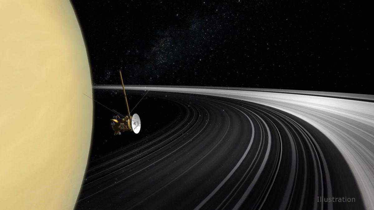 An artists impression of the Cassini spacecraft on its final journey into Saturn's rings. (NASA)