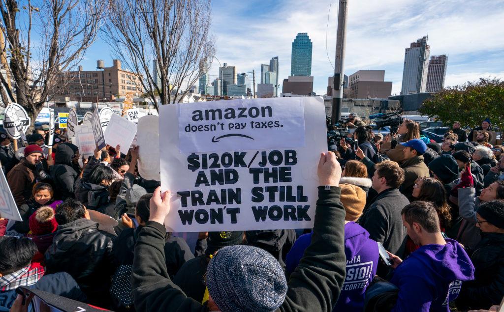 Protesters gather in Long Island City to say 'No' to the Amazon 'HQ2' decision in Long Island City, New York on November 14, 2018. (Don Emmert/AFP/Getty Images)