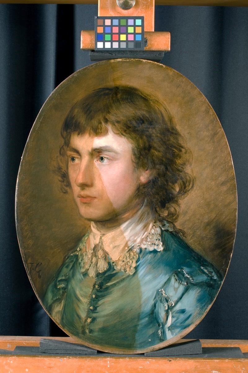 During treatment and varnish removal: “Gainsborough Dupont, the Artists’s Nephew,” 1773, by Thomas Gainsborough. Oil on canvas, 20 1/3 inches by 15 ¼ inches. Waddesdon (Rothschild Family). (Photo: National Portrait Gallery, London)