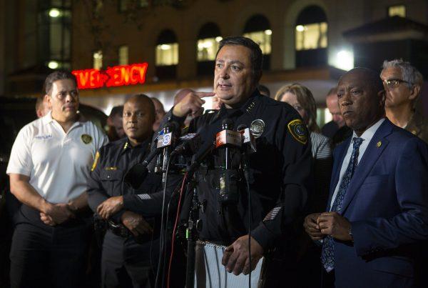 Houston Police Department Chief Art Acevedo updates the media on the conditions of officers injured during a shooting earlier in the evening, at a news conference outside of the emergency department of Memorial Hermann Hospital in the Texas Medical Center, in Houston on Jan. 28, 2019. (Mark Mulligan/Houston Chronicle via AP)