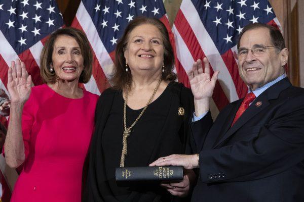 Speaker of the House Nancy Pelosi (D-Calif.) performs a ceremonial swearing-in for House Rep. Jerry Nadler (D-N.Y.), incoming House Judiciary Committee chairman, at the start of the 116th Congress at the Capitol in Washington, on Jan. 3, 2019. (Alex Edelman/AFP/Getty Images)