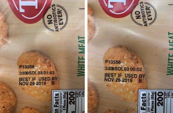 Labels of recalled processed chicken products that may contain rubber. (USDA)
