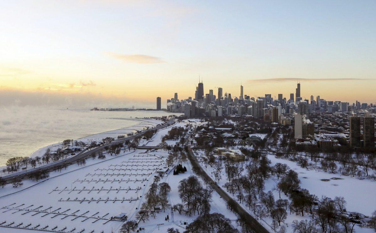 Chicago's lakefront is covered with ice on on Jan. 30, 2019. (AP Photo/Teresa Crawford)